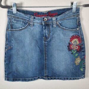Y2K Seventy Jeans Denim Mini Skirt Floral Embroidery Blue Size 7 8
